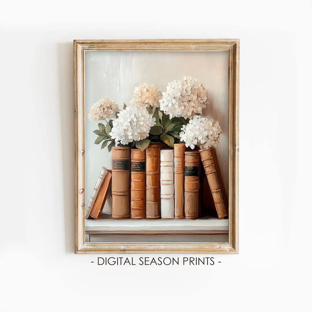 Book Stack Art Rustic Spring Wall Art Hydrangea Spring Decor Wildflower Print Easter Print - Etsy | Etsy (US)