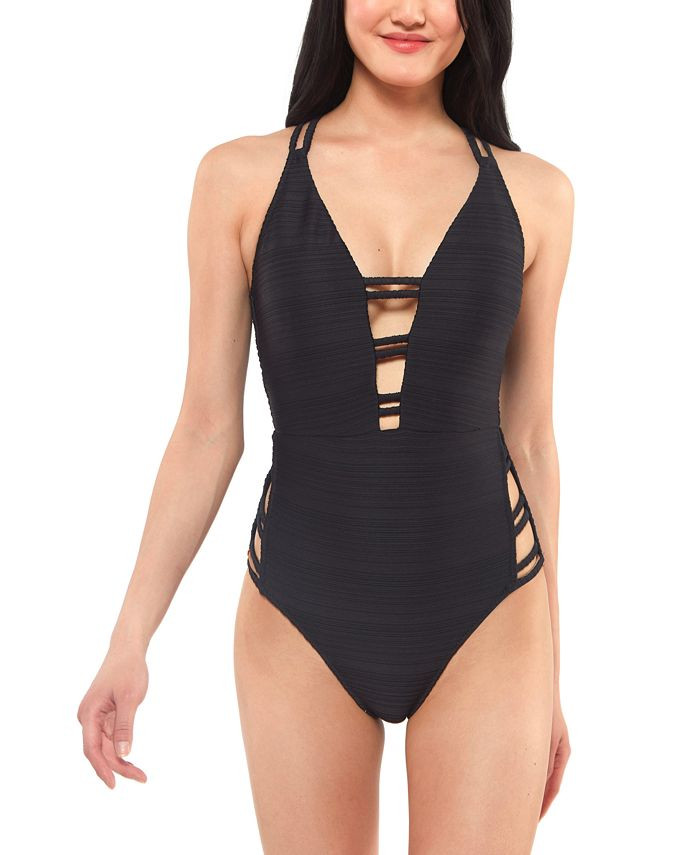 Ribbed Plunge Strappy One-Piece Swimsuit | Macys (US)