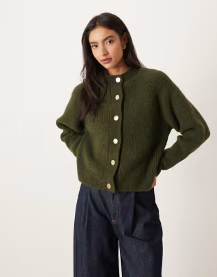 ASOS DESIGN knitted fisherman rib cardigan with raglan detail in olive | ASOS | ASOS (Global)