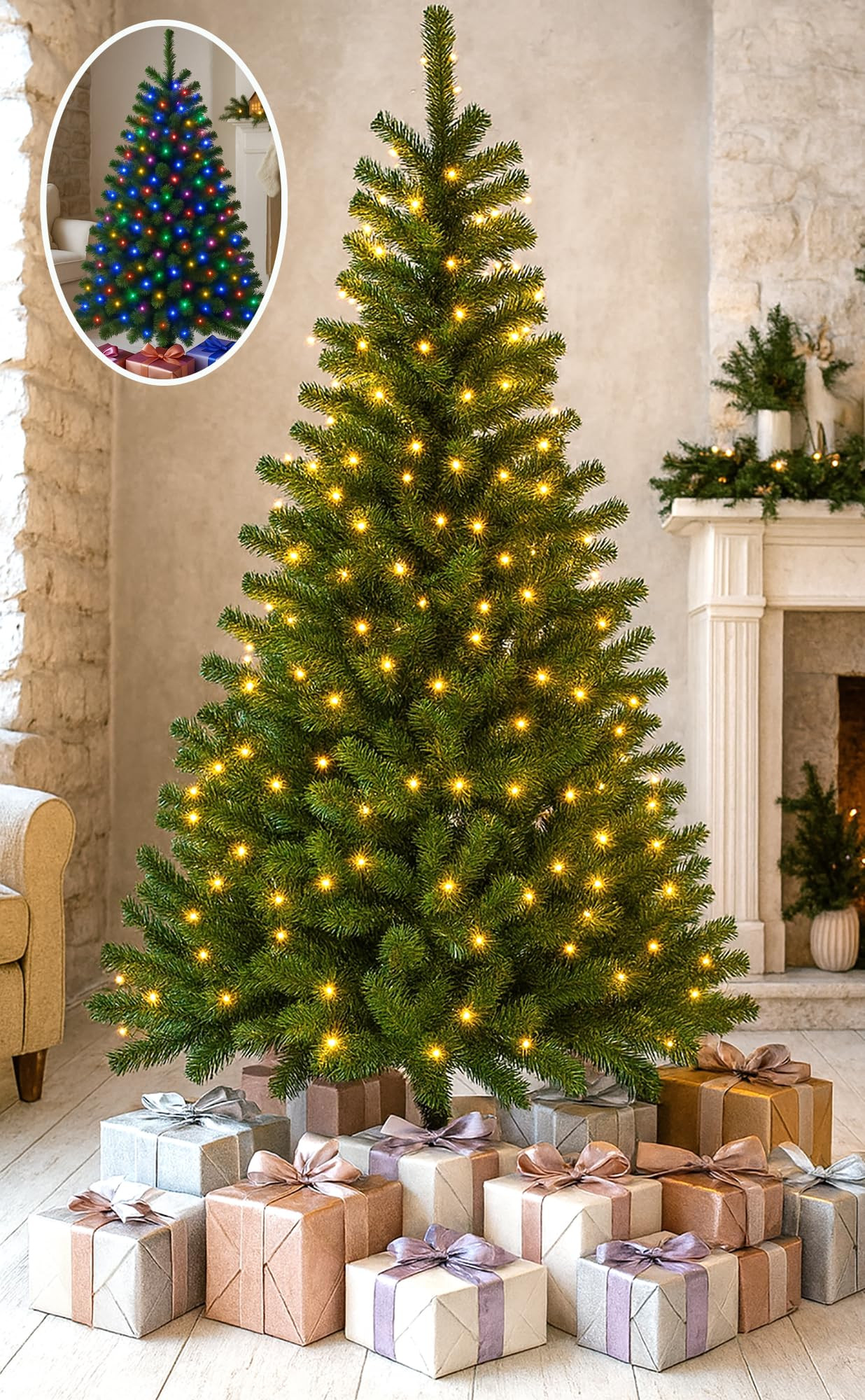 7FT. Colour Select Pre-Lit Christmas Tree with Warm White or Multi-Coloured LED Lights - Tall Art... | Amazon (UK)