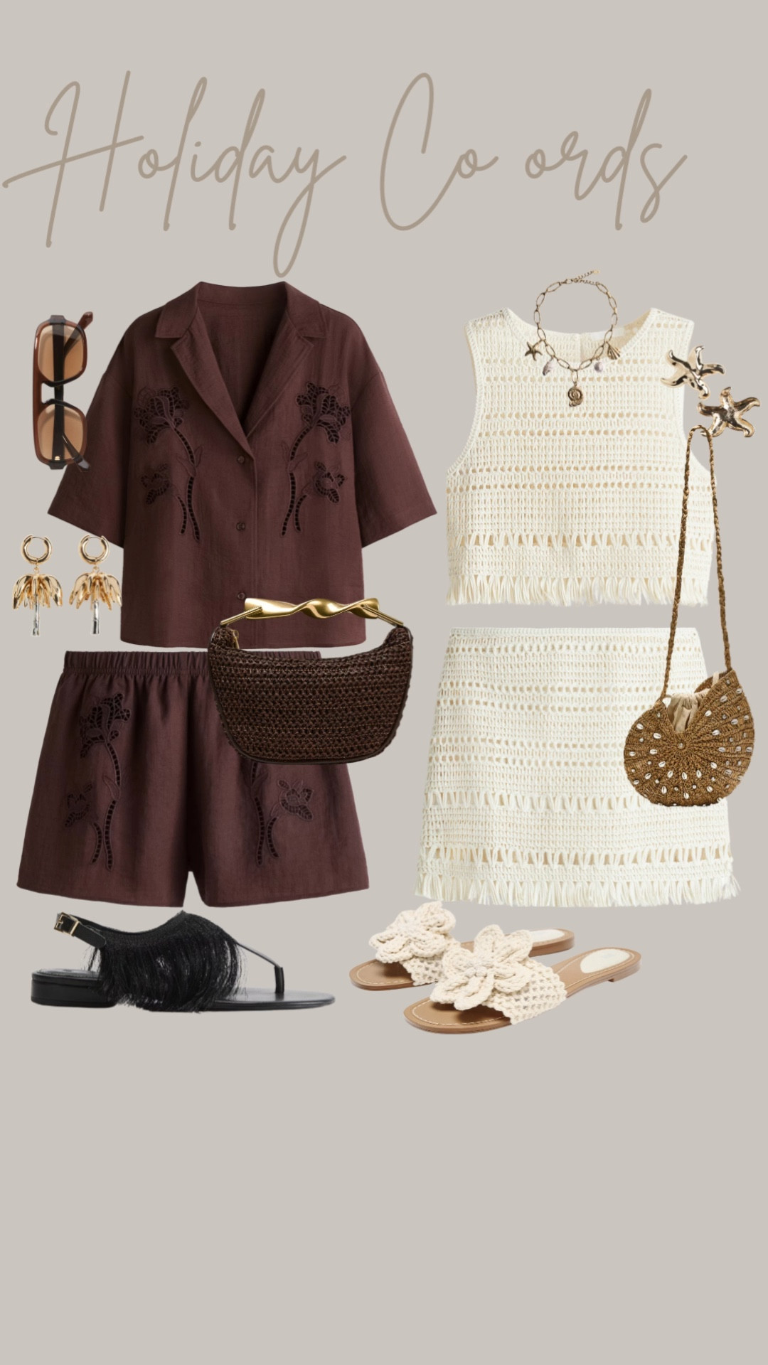 Holiday Co-ords 🌴☀️
Relaxed chocolate brown embroidered shirt & shorts set, paired with black feather-detail sandals, oversized sunglasses, gold palm tree earrings, and a woven clutch bag. 
Cream crochet sleeveless top & mini skirt set, styled with flower-crochet slides, a seashell woven crossbody bag, starfish earrings, and layered shell necklace .
Effortless, breezy, beach to bar style, vacation look, H&M, high street fashion.


#LTKtravel #LTKuk #LTKsummer