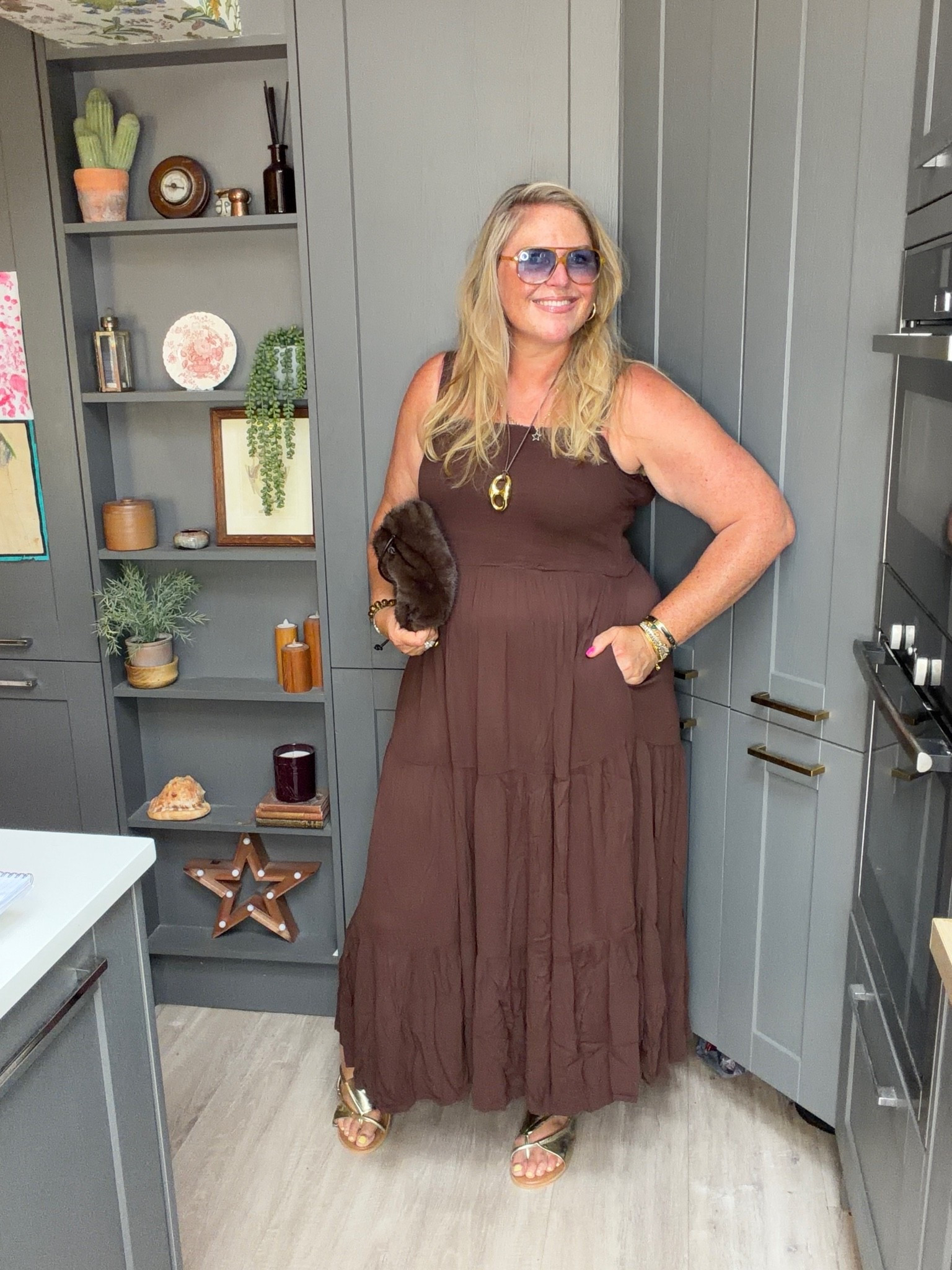 Brown sundress, gold sandals, sunglasses, fur bag

#LTKsummer #LTKplussize #LTKdresses