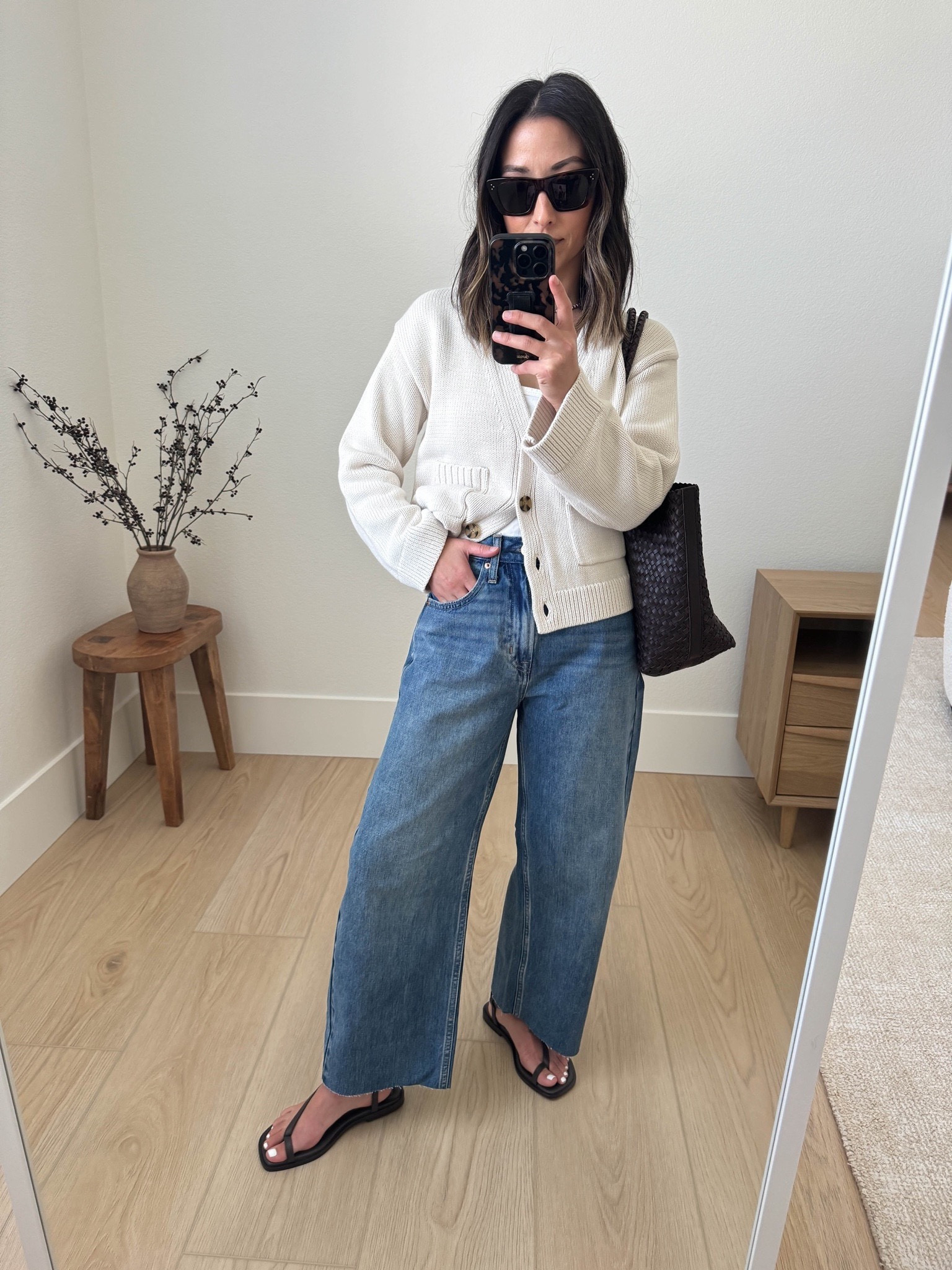 Designer duplicate cardigan! The more fitted cardigan with oversized sleeves. The petite xs fits perfectly! A luxe knit for sure! 

Gap cardigan petite xs
Gap jeans regular 26. Could wear the 25 too. Cut hems. 
Madewell tote 
A. Emery sandals 35
Celine sunglasses 

Jeans, fall style, fall outfits, sandals, purse 

#LTKShoeCrush #LTKSeasonal #LTKSaleAlert