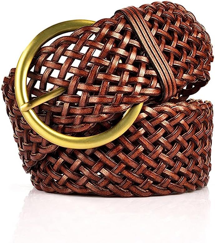 2 Inch Wide Leather Braided Belt for Women Hand Made Soft Woven Waistbands with Gold Round Pin Buckl | Amazon (US)