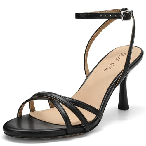 SLXCHBSL Women's Strappy Heeled Sandals 3 Inch High Heels Round Toe Ankle Strap Dress Shoes for Wedding Party or Holiday | Amazon (US)