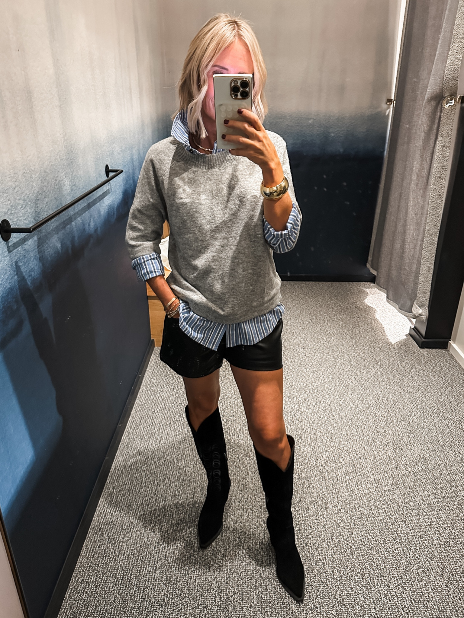 Fall outfit
Faux leather shorts run small- I am normally a 24 or 25 in denim but bought these in a 26 to sit lower on my waist



#LTKCon #LTKOver40 #LTKStyleTip