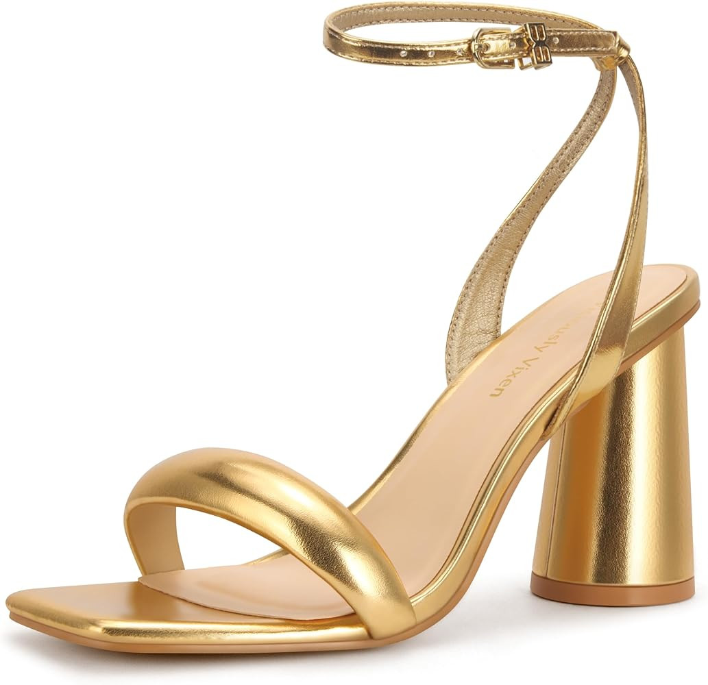 Women's Block High Heels Square Open Toe Strappy Sandals Party Wedding Ankle Strap Shoes | Amazon (US)
