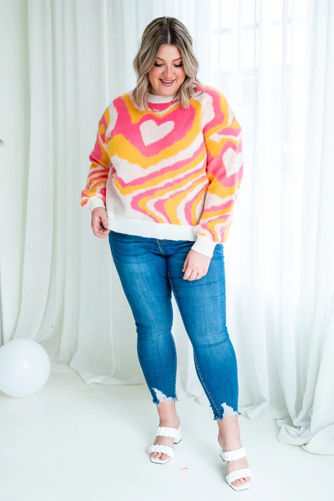 Let Love Rule Pink And Orange Heart Swirl Sweater | Pink Lily