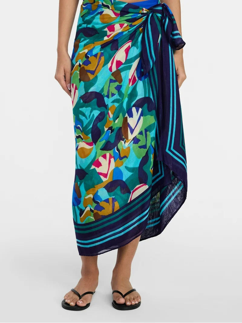 Time and Tru Women's Printed Pareo, One Size, Abstract Tropical Teal Moon | Walmart (US)