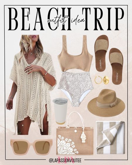 Beach glam: Layer a net cover-up over a stylish cut-out bathing suit, accessorize with hoop earrings, sunglasses, and a straw Panama hat. Complete the vibe with a straw beach tote and slip-on sandals.

#LTKstyletip #LTKswim #LTKSeasonal