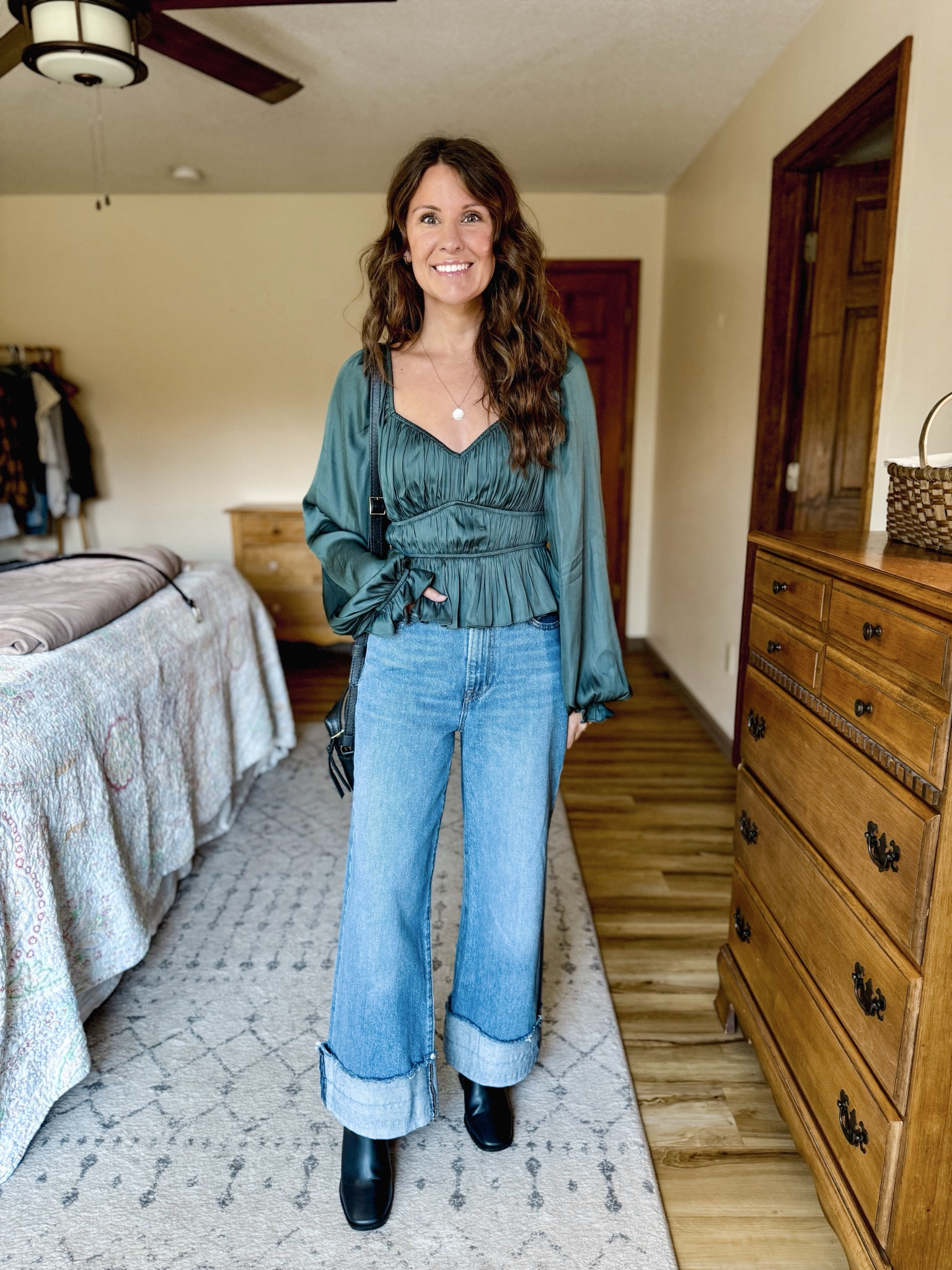 Wearing xs in this top (I’ve had it for a couple years and it’s one of my favorite winter date night/holiday tops!). 

My jeans are size 25 and I cuffed them myself. Linked them, as well as some similar options.

#LTKPetite #LTKSeasonal #LTKHoliday