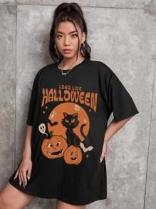 Plus Pumpkin And Letter Graphic Drop Shoulder Tee
   SKU: sf2207204380485583      
          (266... | SHEIN