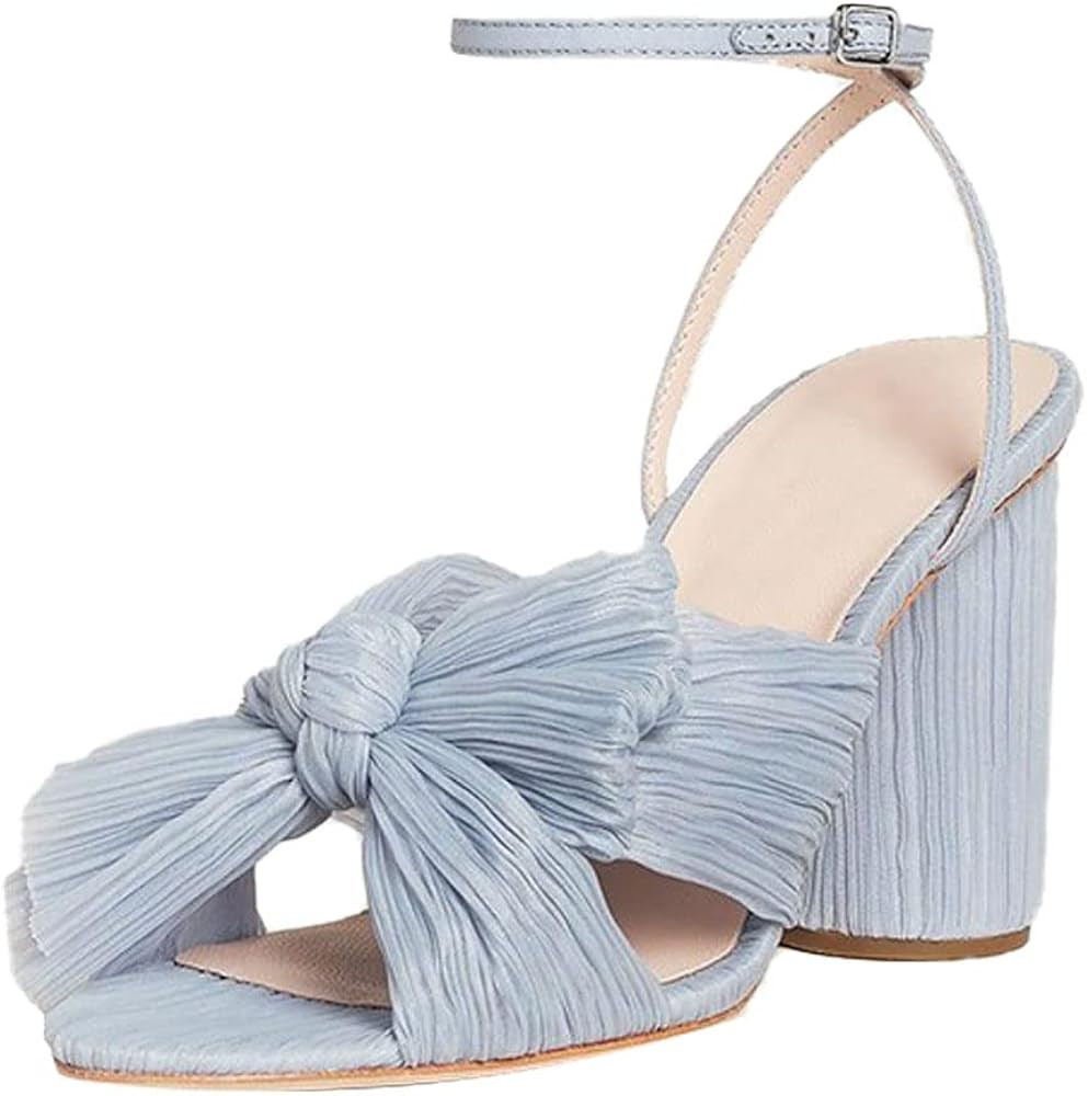 Vimisaoi Womens High Block Chunky Heel Sandals Fashion Open Toe Ankle Buckle Strap Pleated Bow Heel  | Amazon (US)