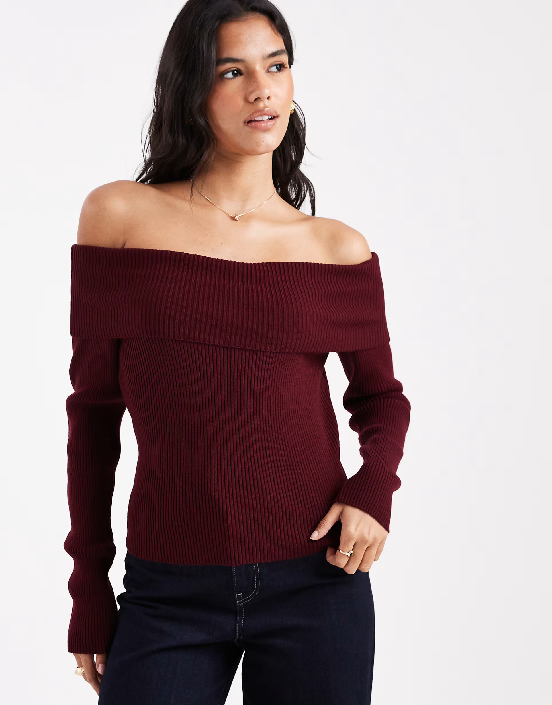 Miss Selfridge ribbed bardot long sleeve knitted top in fig | ASOS (Global)