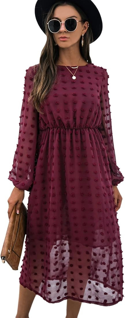 SheIn Women's Casual Dresses Long Sleeve High Waist Midi Dress Crewneck A Line Dress Swiss Dots Flow | Amazon (US)