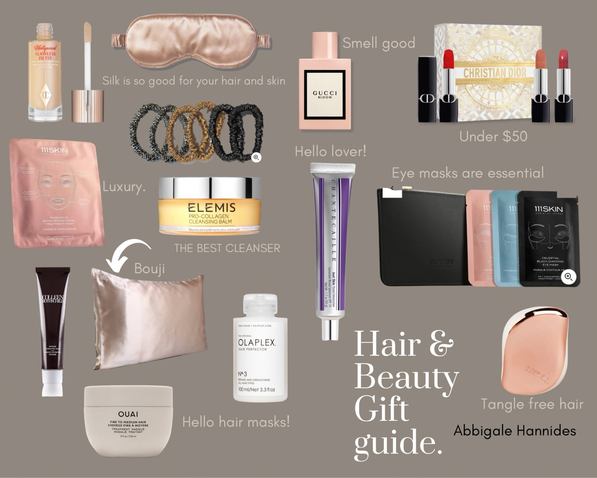 Hair and beauty gift guide number one!! Yes, there will be more! Tinted moisturizer. Silk pillowcase. Olaplex. Hair mask. Charlotte tilbury. Gucci bloom. Skin111. Face masks. Elemis cleansing balm. 

#LTKBeauty #LTKGiftGuide