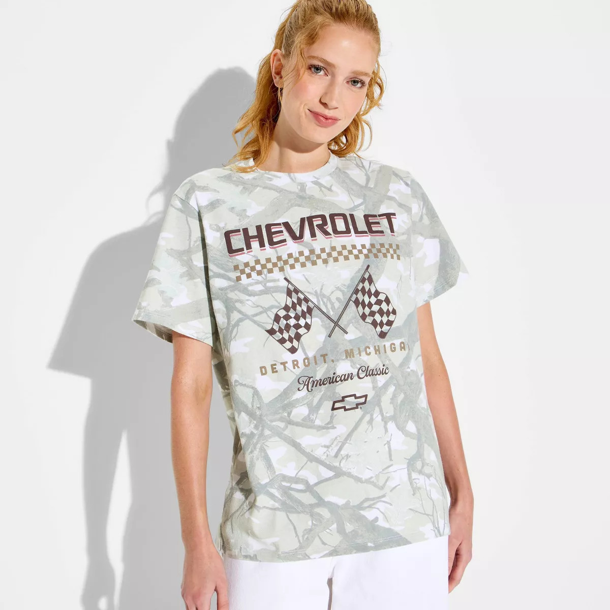 Women's Chevrolet Oversized Short Sleeve Graphic T-Shirt - Gray Camo XL | Target