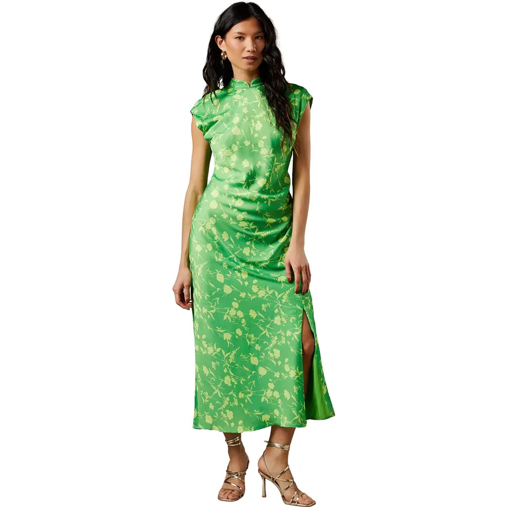 Warehouse Crinkle Satin Button Side Midi Dress in Floral at Nordstrom, Size 4 | Nordstrom