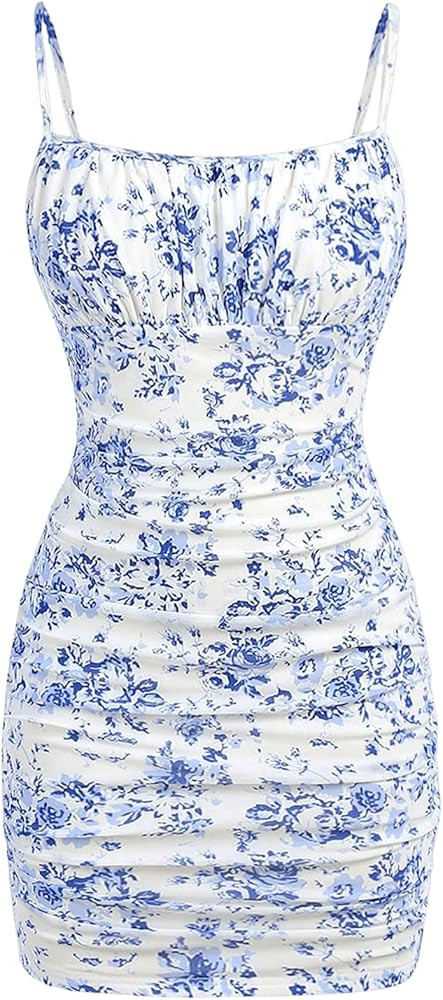 Floerns Girl's Floral Print Spaghetti Strap Bodycon Dress Mesh Ruched Cami Mini Dress | Amazon (US)