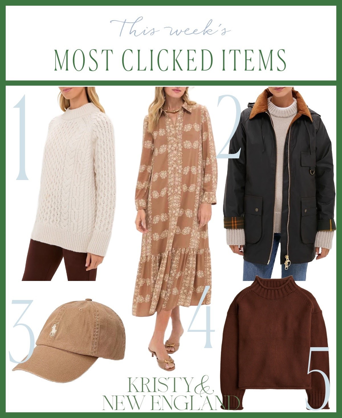 Most popular this week ✨ Fisherman Sweater, Barbour Waxed Jacket, Polo Ball Cap, Beige Floral Maxi Dress, and Brown Rollneck Sweaterr

#LTKTall #LTKOver40 #LTKSeasonal
