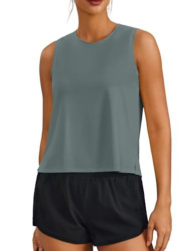 PINSPARK Moisture Wicking Tank Tops Woman Ice Silk Cropped Gym Tops for Yoga Running Tennis Pilates Pickleball,Army Green Large | Amazon (US)