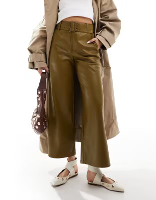 ASOS DESIGN faux leather belted pants in khaki | ASOS (Global)
