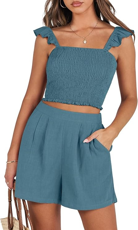 ANRABESS Women's 2 Piece Outfits Summer Linen Sets Matching Shorts Lounge Set 2024 Trendy Vacatio... | Amazon (US)
