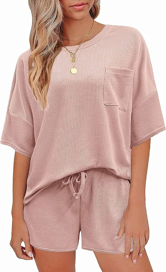 Andeip Pajamas Womens Waffle Knit Lounge Set Short Sleeve Top and Shorts 2 Piece Loungewear Outfi... | Amazon (US)