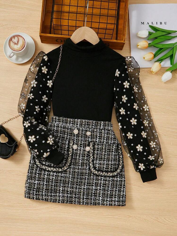SHEIN Young Girl Floral Print Contrast Mesh Lantern Sleeve Mock Neck Tee & Plaid Tweed Skirt 2pcs Outfit, Casual Occasions, Elegant Parties Or Birthday Parties,Princess Dress Outfit, | SHEIN