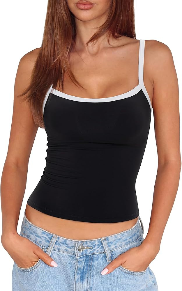 SUUKSESS Women Built in Bra Tank Tops Double Line Going Out Basic Square Neck Camisole Top | Amazon (US)