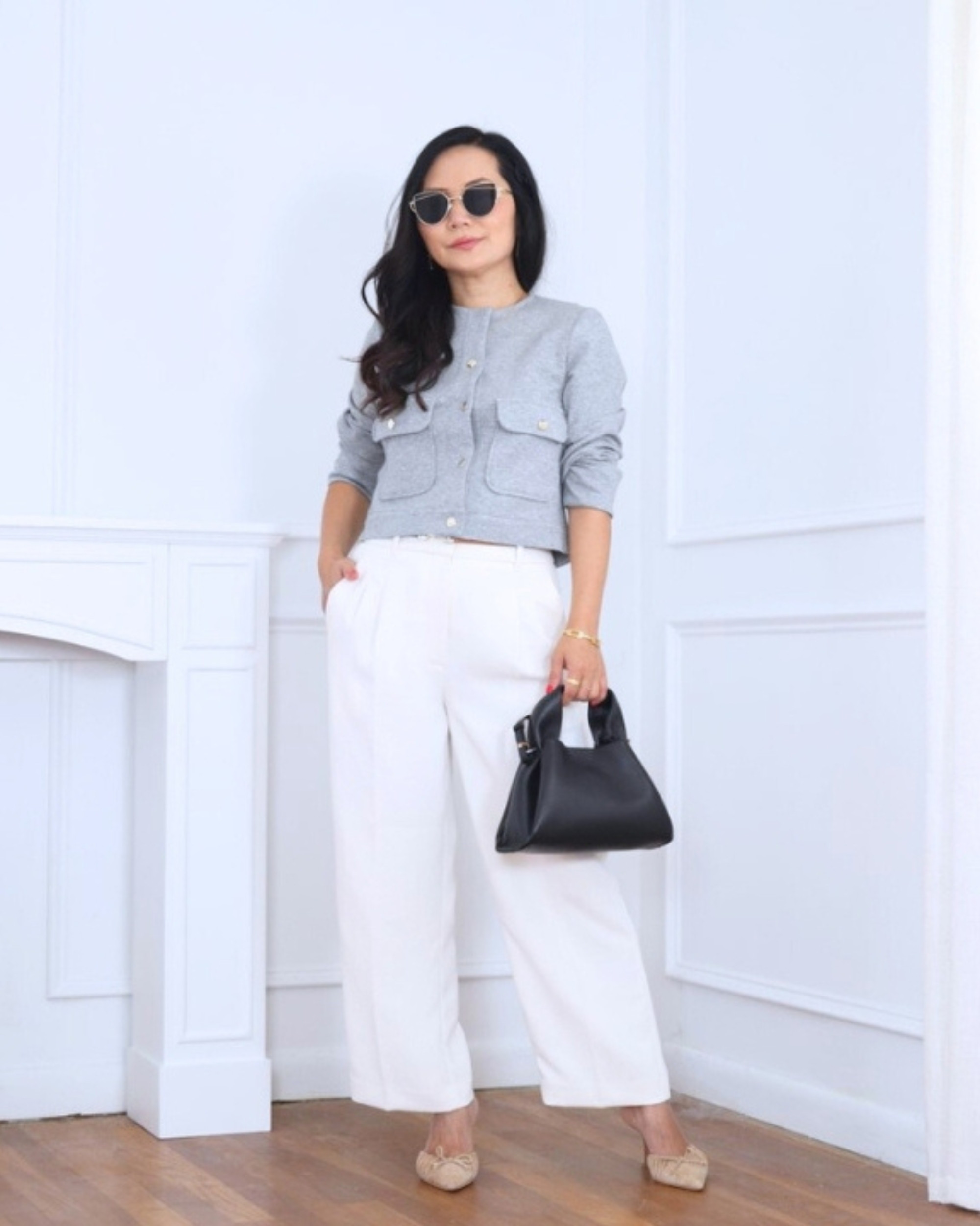 Wearing a cropped jacket and white effortless pants from Aritzia — a polished and modern outfit that feels effortlessly put together. I'm 5'2, wearing size S. 

 #LTKOver40 #LTKPetite #LTKStyleTip