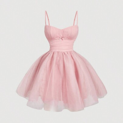 Women's Pink Spaghetti Strap Bow Mesh Puff Dress, Short Spring Dress,Sun Dress | SHEIN