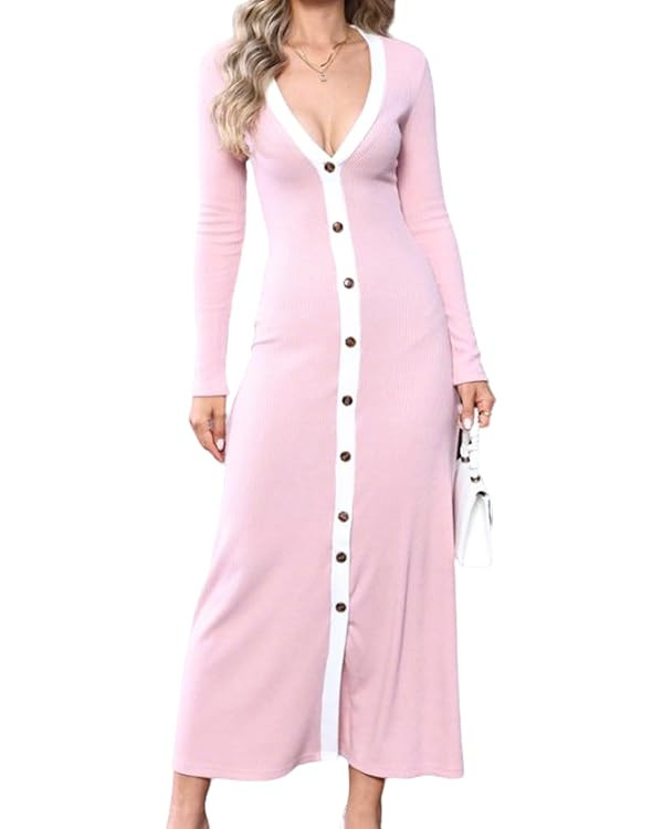 Women's Long Sleeve Ribbed Knit Bodycon Sweater V-Neck Button Down Color Blocked Casual Midi Part... | Amazon (US)