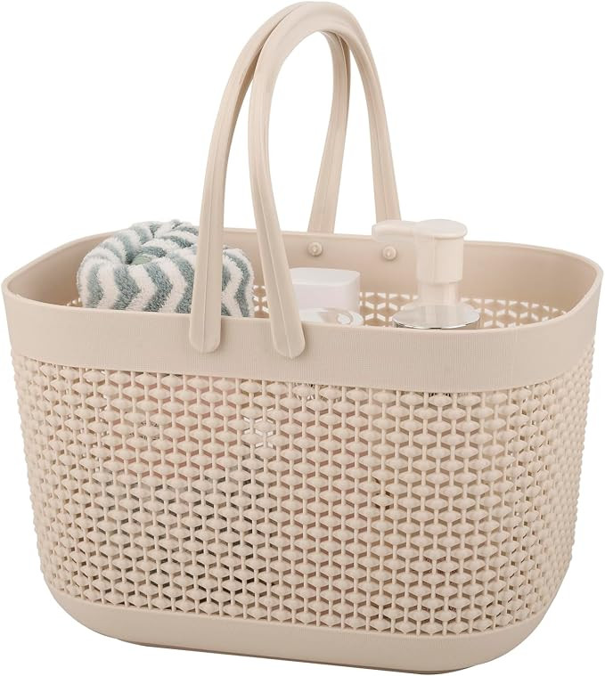Plastic Protable Shower Caddy Basket, Storage Organizer with Handle, Beige | Bottom Drain Holes, ... | Amazon (US)