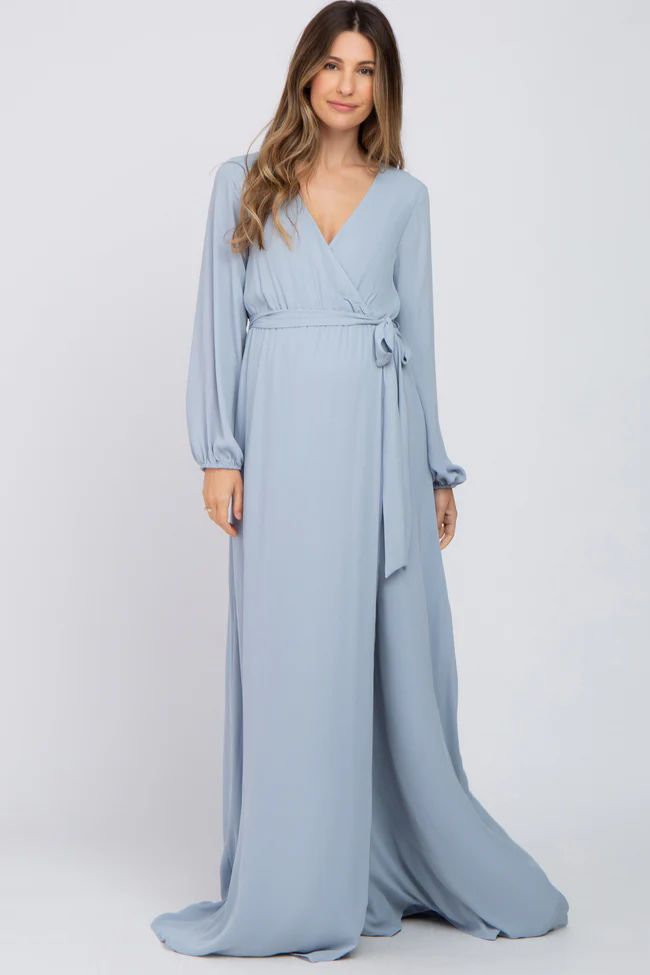 Light Blue Wrap Front Chiffon Maternity Gown | PinkBlush Maternity