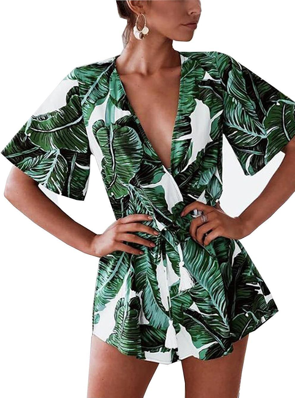 Famulily Women's Plunge V Neck Romper Printed Summer Beach Shorts Jumpsuits Playsuit | Amazon (US)