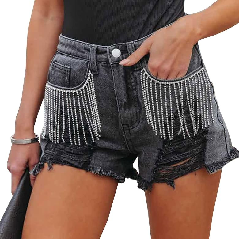 Kedera Women Denim Shorts Mid Rise Ripped Jeans Frayed Raw Hem Tassels Stretchy Jean Shorts Black | Amazon (US)
