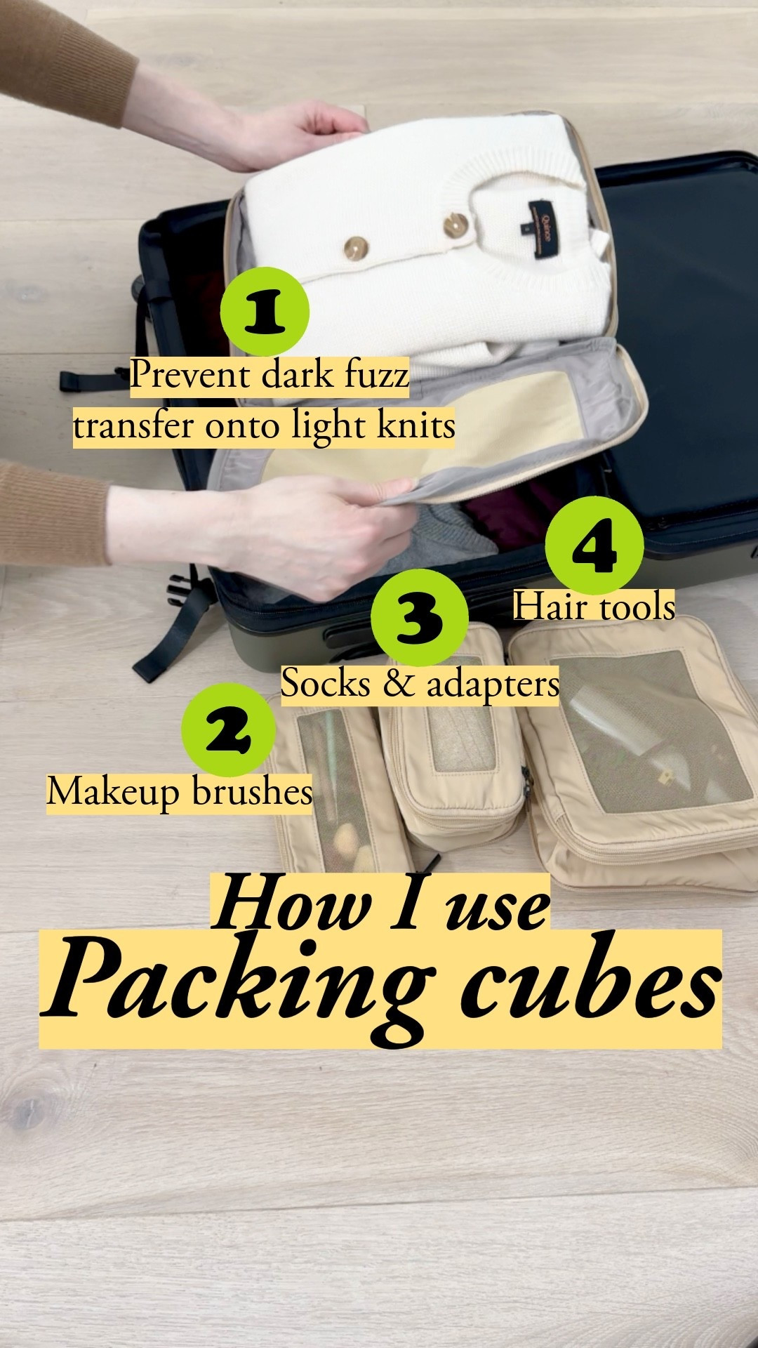 I love using packing cubes to separate lighter knits from darks - that way, I avoid dark fuzz transferring onto brighter clothes. I also keep a packing cube zipped low when I use them it for my makeup brushes. Of course, it’s great as a catch-all for things like adapters and socks, and I do like to have my hair tools in another packing cube. 🛄 🤍 #quincepartner @onequince 🤍 ponte pants | wide leg pants | travel pants | travel hacks| cashmere cardigan | trench coat | base layers | winter basics | travel wardrobe | capsule wardrobe | Quince cashmere | knit pants | elastic waist pants | layering pieces | modern quiet luxury | airport outfit | packing cubes | suitcase | carryon

#LTKTravel #LTKootd