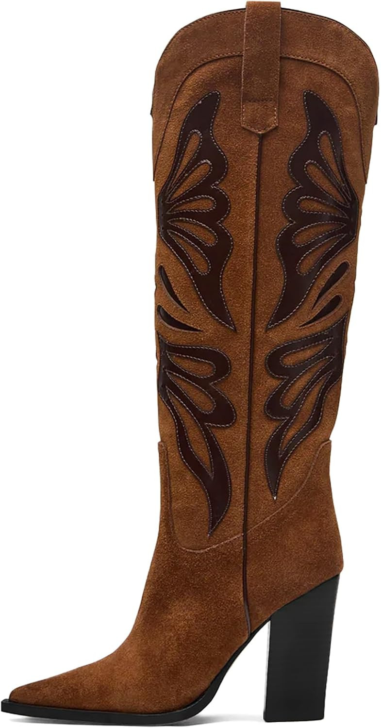 Cowboy Boots for Women Pointed Toe Chunky High Heels Butterfly Cowgirl Boots Wide Calf Knee High Boots Bridal Wedding Western Boots | Amazon (US)