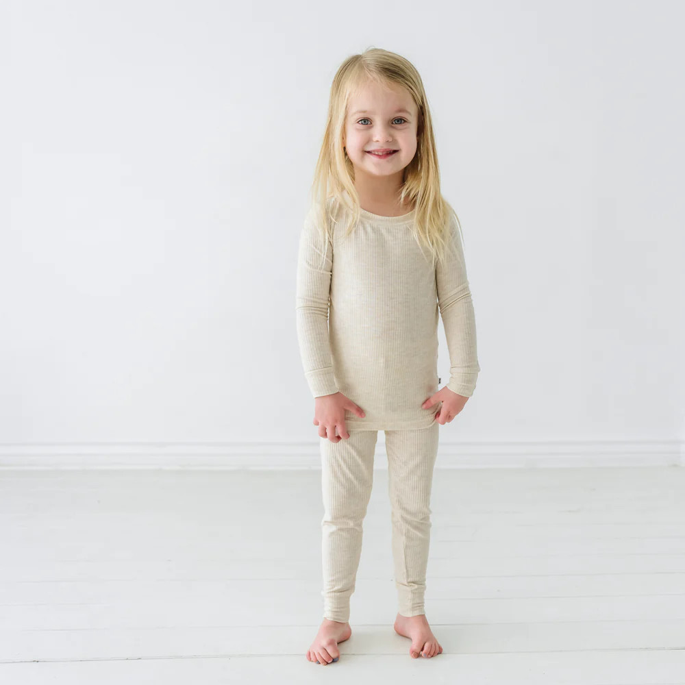 Heather Oatmeal Ribbed Two-Piece Pajama Set | Little Sleepies