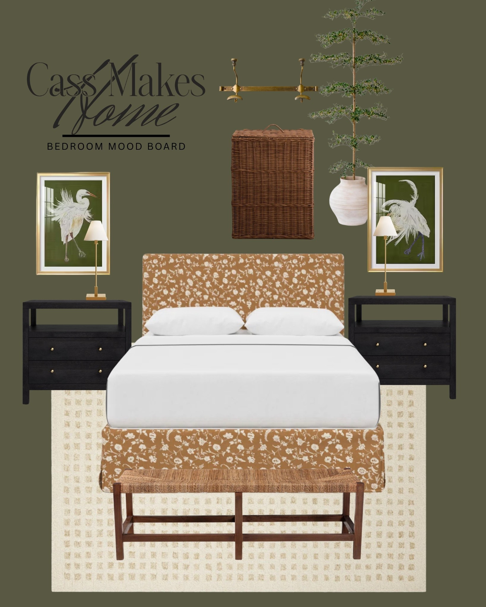 I’m in looooove with this earthy green bedroom mood board! This patterned slipcover headboard is so dreamy! I absolutely love the floral pattern paired with the deep, green paint. I paired it with these black nightstands for a little contrast (contrast is so important when designing a room!), and the brass table lamps pair with the bed perfectly.

I love the vintage look of these heron prints. I also love how they almost perfectly match the green on the wall. At the foot of the bed, I added this woven bench for texture (and a spot to throw your blanket pile). I will forever be a fan of the Chris Loves Julia x Loloi rug collection. This checkered Polly rug adds just enough pattern underfoot without competing.

This brass wall rack from Magnolia is beautiful and practical! I always love a woven laundry hamper too. Then finally, I’ve been posting about this faux black olive tree for a while now. I’m super picky with faux greenery and this one passed all my tests!


Bedroom, interior design, home design, bedroom decor

#LTKFamily #LTKHome #LTKStyleTip