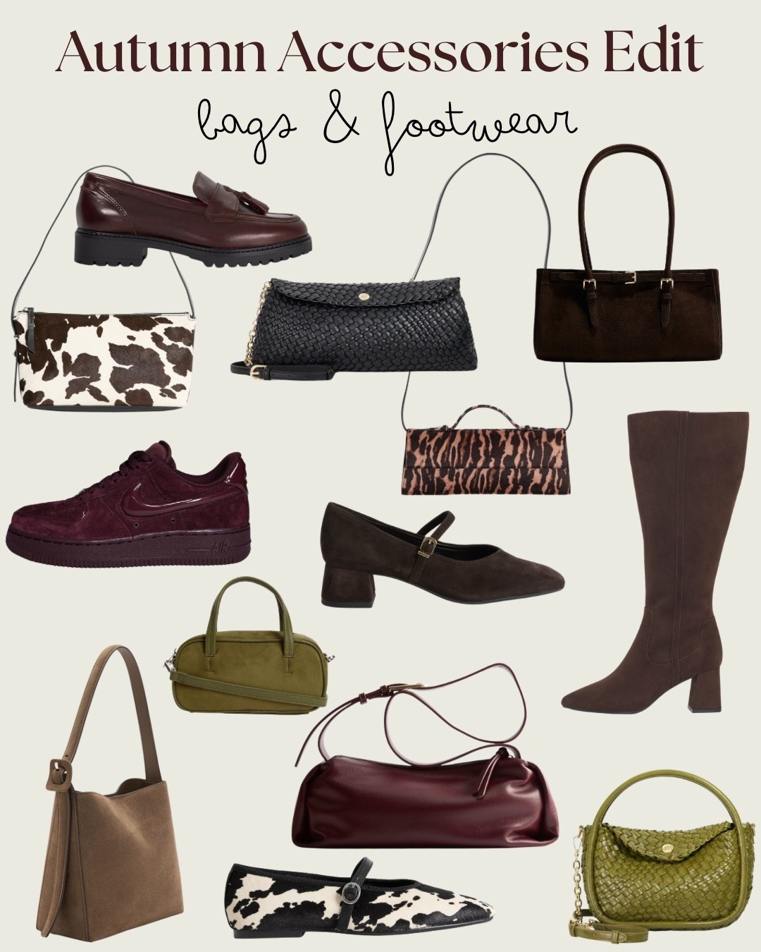 Autumn Accessories Edit
• Wide fit Mary Jane’s, Burgundy Trainers and Wide Fit Loafers
• Wide fit & Curvy Calf Chocolate Boots
• Viral cow print M&S flats 
• Chocolate and tan suede work bags 
• Animal print baguette bags
• Olive green & burgundy woven, crossbody & bowling bags.

#LTKuk #LTKautumn #LTKshoes