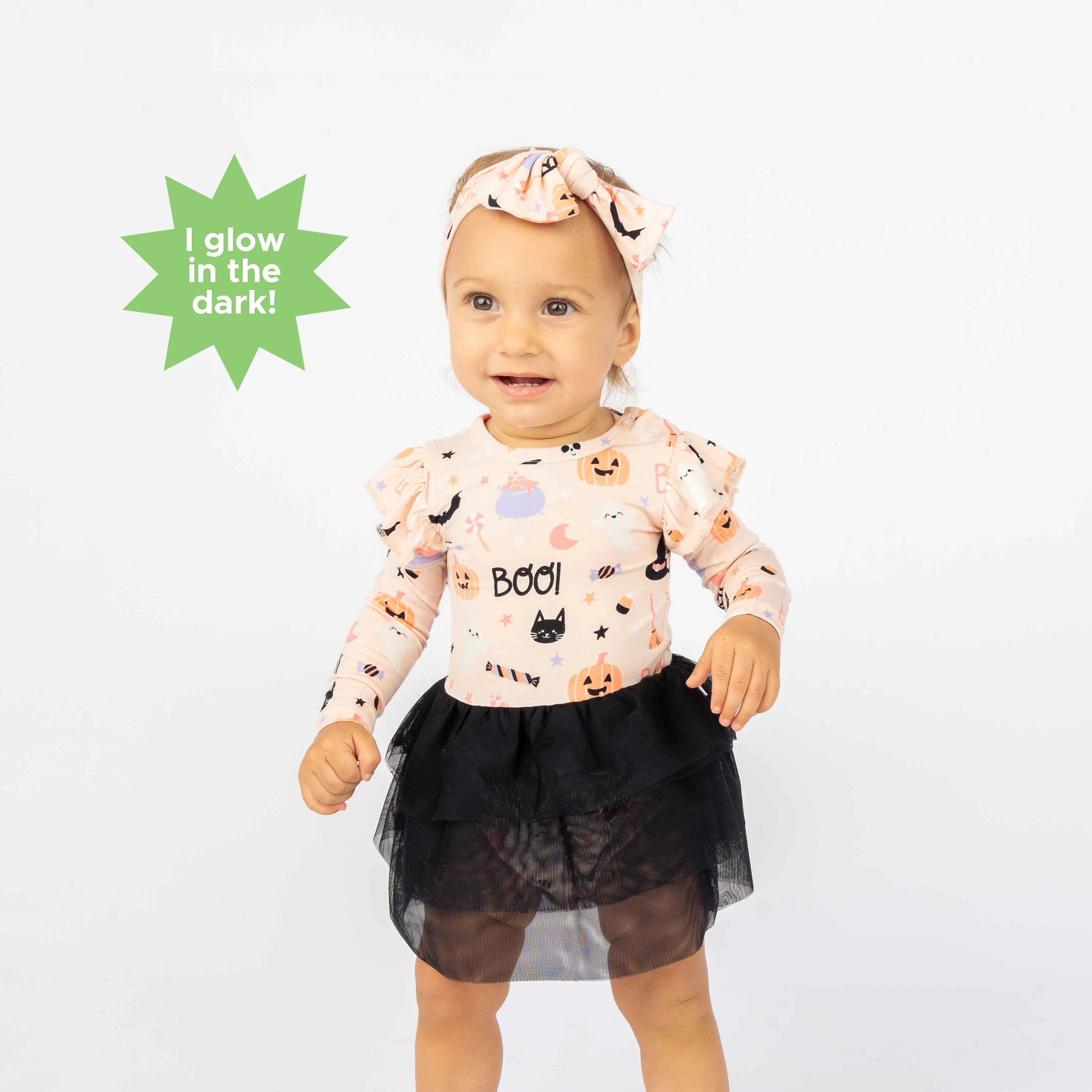 Sweet and Spooky Glow-in-the-Dark Halloween Ruffled Long Sleeve Skirte | Emerson and Friends