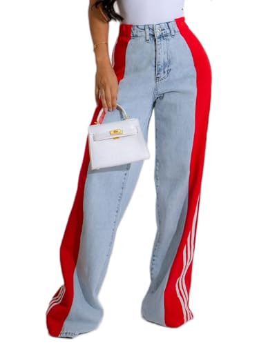 Angsuttc Womens Jeans with Patchwork Stripes High Waisted Stretchy Denim Color Block Straight Wide Leg Trendy Jean | Amazon (US)