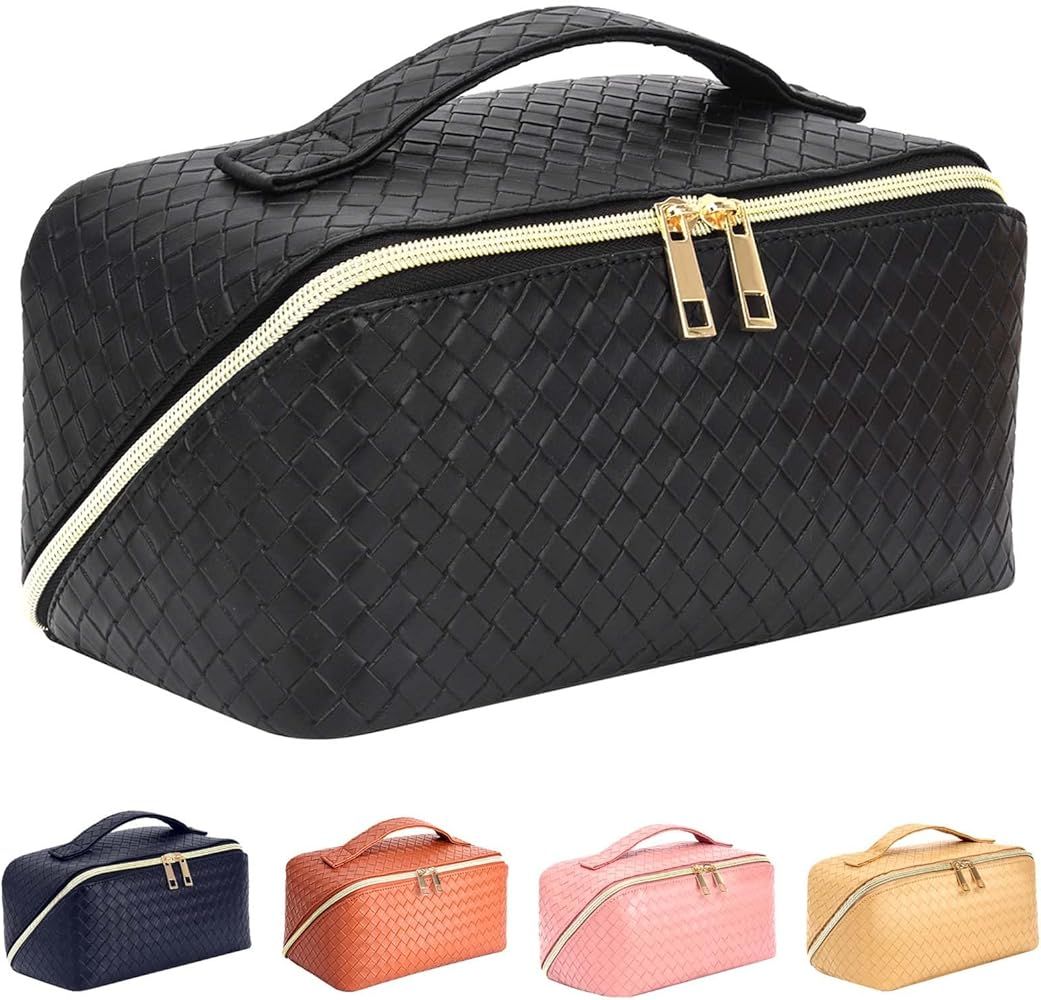 ZAUKNYA Large Capacity Travel Cosmetic Bag - Makeup Bag, Portable Leather Waterproof Women Travel... | Amazon (US)