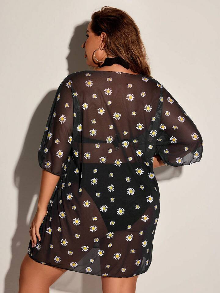 Plus Size Daisy Printed Loose, Fashionable, Comfy, Elegant, And Charming Cover Up With Round Neck... | SHEIN