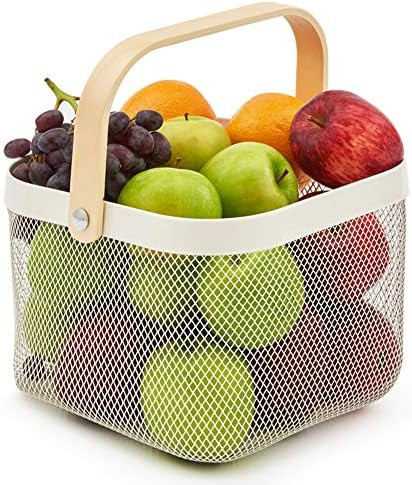 EZOWare White Mesh Steel Storage Organiser Basket Bin with Wood Handle Ideal for Kitchen Bathroom... | Amazon (UK)