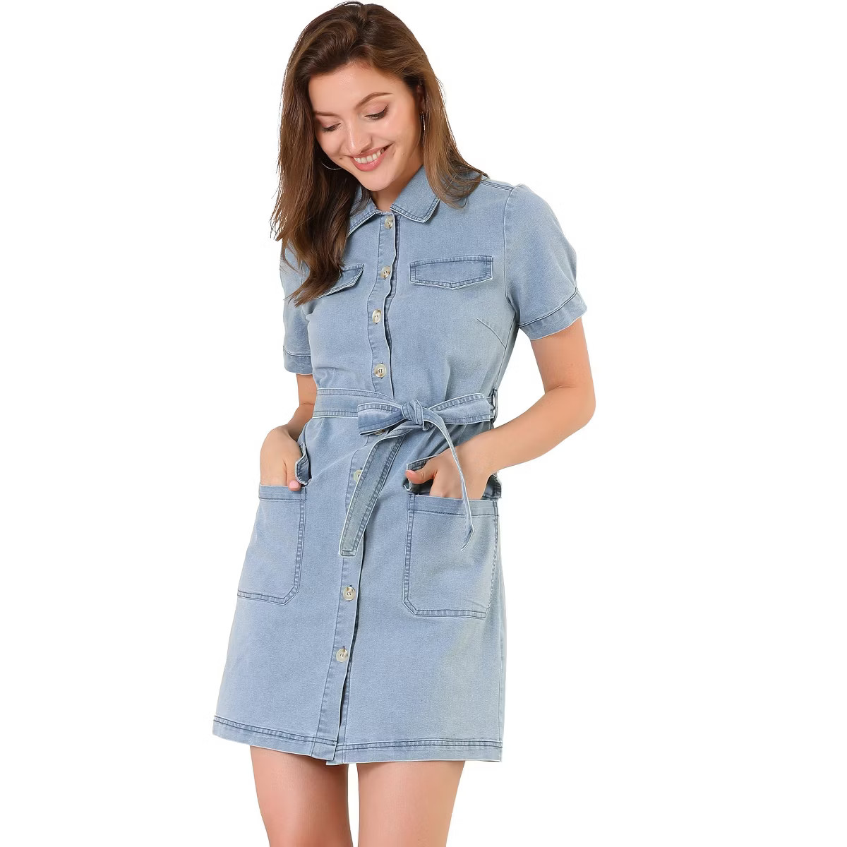 Allegra K Women's Jean Casual Collared Belted Button Down Denim Shirt Dress | Target