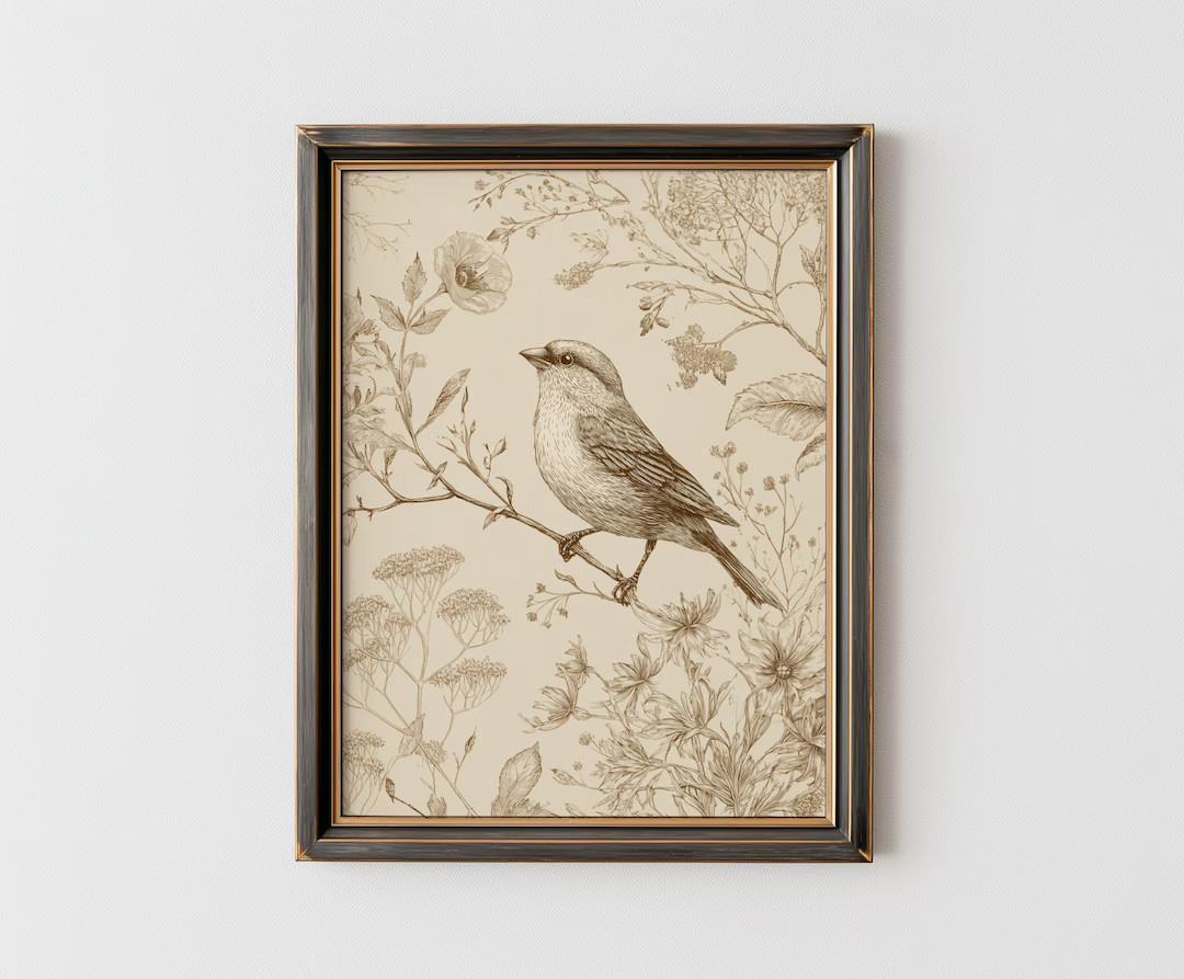 Vintage Bird and Botanical Engraving Print | Elegant Sepia Sparrow Sketch | Detailed Floral and F... | Etsy (US)