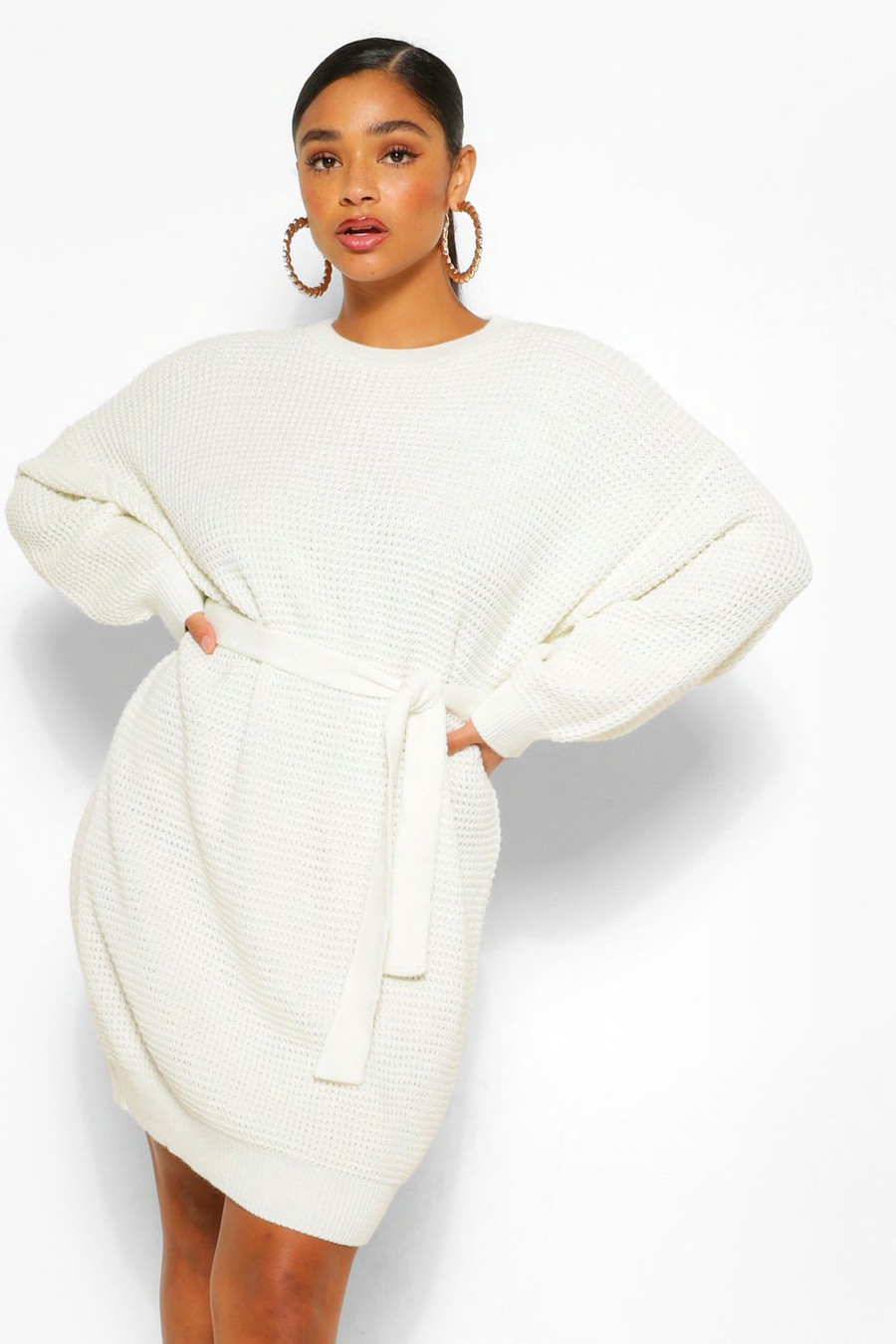 Plus Waffle Knitted Self Belt Sweater Dress | Boohoo.com (US & CA)